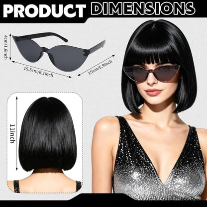 Short Bob Straight Hair Wigs with Bangs, Heat Resistant Fiber Hair, Cat Eye Glasses for Women (Black) - color: Black
