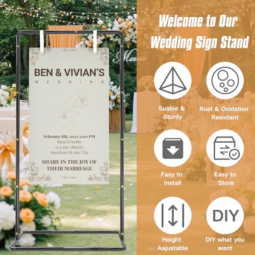 Blcak Wedding Sign Holder Adjustable Welcome to Our Wedding Sign Stand 68”x31”x 20”,Heavy Duty Easel Stand for Sign Include 6 Sign Hanging Straps &1 Storage Bag&Ground Stakes for Signs and Posters - color: black