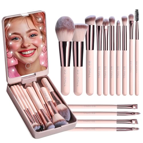 BS-MALL Makeup Brushes Foundation Powder Concealers Eye Shadows Makeup Set with LED light Mirror 14 Pcs Mini Makeup Brushes (APINK) - color: Black/White/Pink
