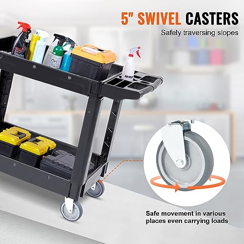 VEVOR Utility Service Cart, 2 Shelf 550LBS Heavy Duty Plastic Rolling Utility Cart, Medium Lipped Shelf, 360° Swivel Wheels, Ergonomic Storage Handle for Warehouse Garage, Black | Heavy Duty Rolling Cart with 360° Swivel Wheels, Medium Lipped Shelf, Ergon