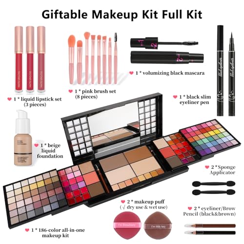 CHARMCODE Full Makeup Kit, Makeup Sets for Women Full Kit, All in One Make Up Gift Set for Girls & Women with Eyeshadow,Liquid Lipstick,Foundation,Mascara,Blush,Eyeliner,Contour,Brushes and More - color: Ultimate Full Makeup Kit