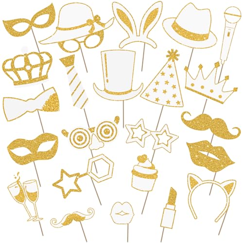 Zonon 24 Pcs Photo Booth Props Set Black Gold Birthday,White and Gold | Props on Sticks for Wedding, Reunion, Prom, Includes Mustache, Hats, Glasses, Ties, Lips, Crowns, Fun Party Accessories - color: White and Gold