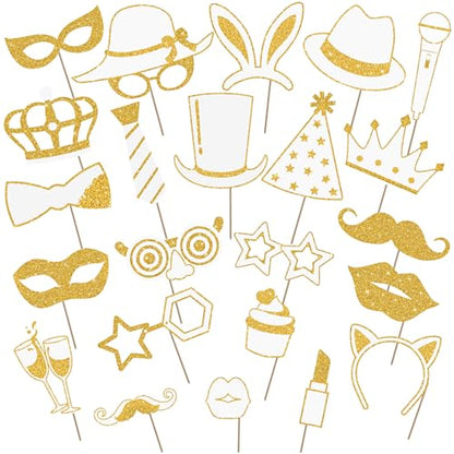 Zonon 24 Pcs Photo Booth Props Set Black Gold Birthday,White and Gold | Props on Sticks for Wedding, Reunion, Prom, Includes Mustache, Hats, Glasses, Ties, Lips, Crowns, Fun Party Accessories - color: White and Gold