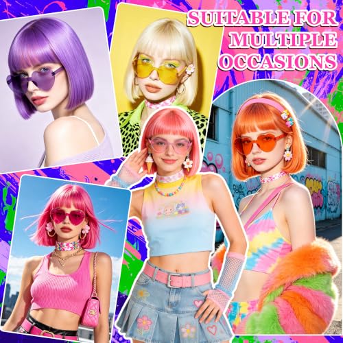 Hot Pink Short Bob Straight Hair Wigs with Bangs, 11inch Synthetic Fiber Colorful Hair, Neon Heart-shaped Sunglasses and Wig Cap for Women, 80s 90s Costume, Halloween, Dress Up - color: Hot Pink