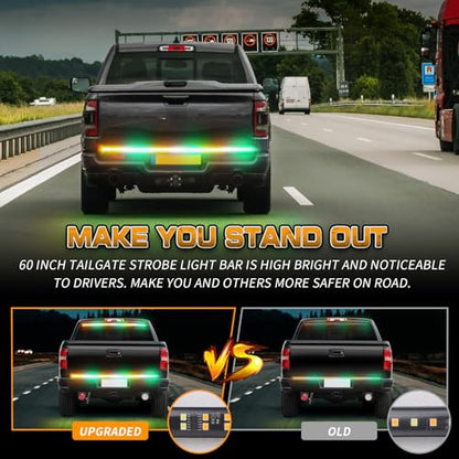 XRIDONSEN 48 inch 288 LED Tailgate Strobe Lights Rear Emergency Lights | Amber Green Flashing Warning Hazard Caution Safety Light Strip for Tow Plow Trucks Construction Vehicles Pickup Trailer - color: Amber/Green