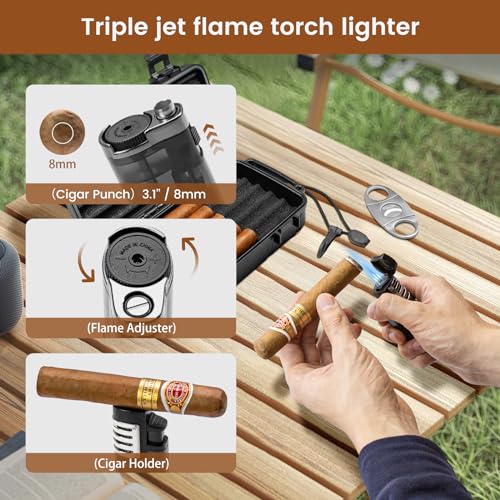 Flauno Travel Cigar Humidor Case - Portable Humidor Kit with Lighter (Without Gas), Cutter, Holder, Humidifier & Dropper, Waterproof, Crushproof, Airtight Seal (Holds up to 5 Cigars) - size: Holds up to 5 Cigars with Cigar Lighter