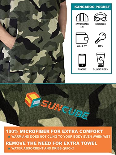 SUN CUBE Surf Poncho Changing Robe with Hood, Wetsuit Changing Hooded Towel | Thick Quick Dry Microfiber, Wetsuit Changing Towel, Surfing Beach Swim Outdoor Sports Cover Up, Adult Wearable Poncho - color: Camo Green