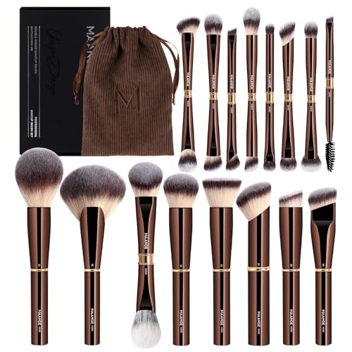 MAANGE Makeup Brushes 16Pcs Professional Foundation Powder Blush Contour Eyeshadows Double-End Makeup Brushes Set with Bag and Gift Box-CoffeeBrown - color: CoffeeBrown