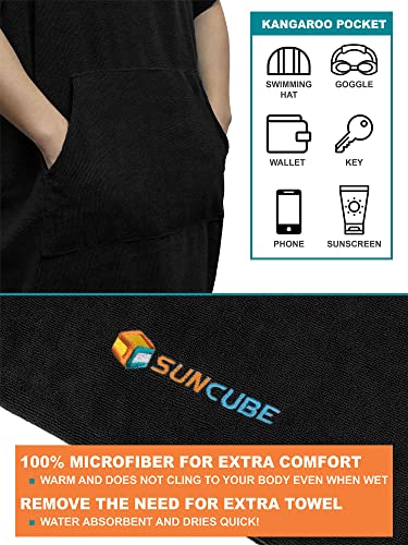 SUN CUBE Surf Poncho Changing Robe with Hood, Wetsuit Changing Hooded Towel | Thick Quick Dry Microfiber, Wetsuit Changing Towel, Surfing Beach Swim Outdoor Sports Cover Up, Adult Wearable Poncho - color: Black