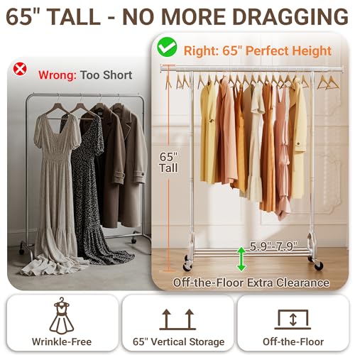 Heavy Duty Rolling Clothing Rack, 420 lbs Capacity Metal Clothes Rack with Wheels, 65" Tall Freestanding Hanging Rack for Bedroom, Laundry Room, Retail Display, Chrome - color: Chrome