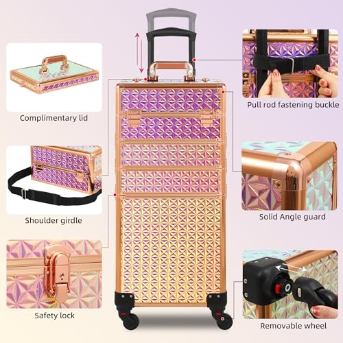 Somduy Rolling Makeup Case, Makeup Train Case with Lid, 5 in 1 Cosmetology Case on Wheels, Christmas Gift, Large Makeup Organizers, Profesional Cosmetic Case for Salon Barber, Bright Pink - color: Bright Pink