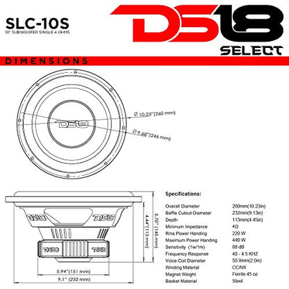 DS18 SLC-10S Subwoofer in Black - 10-Inch Speaker, 440W Max Power, 220W RMS Power, Aluminum 4 Layer Voice Coil, Black Steel Frame, SVC, 4 Ohm Impedance, Ferrite Magnet (1 Speaker) - style: 10 inch