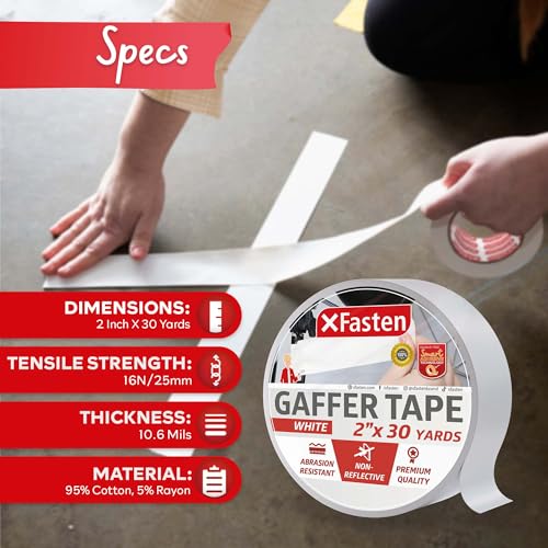XFasten White Gaffers Tape 2 Inch x 30 Yards Residue-Free White Gaffer Tape 2 Inch Non-Reflective Matte Gaff Tape for Photography, Floor Marking, Wall Gaffing, Console Labels - size: 2 Inches x 30 Yards (90 Feet)