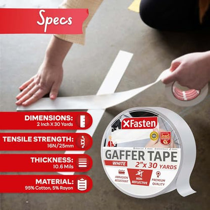 XFasten White Gaffers Tape 2 Inch x 30 Yards Residue-Free White Gaffer Tape 2 Inch Non-Reflective Matte Gaff Tape for Photography, Floor Marking, Wall Gaffing, Console Labels - size: 2 Inches x 30 Yards (90 Feet)