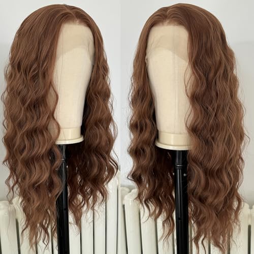 RONGDUOYI 30 Brown Synthetic Lace Front Wigs for Women 13x4 Long Deep Wave Wig Middle Part Natural Hairline Daily Wear Cosplay 24Inch - color: 30 Brown NC2