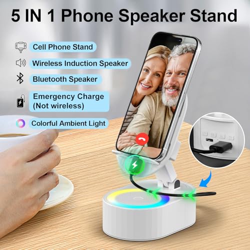 AKLLCCR Wireless Induction Audio Bluetooth Speaker 5in1 Phone Holder Emergency Rechargeable (3000mAh) with Colorful Ambient Light 300° Foldable for Tablet iPhone Android, Gifts for Men Women (White) - color: White