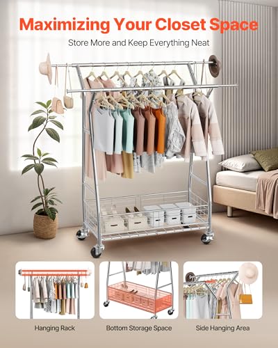 VEVOR Clothes Rack, Rolling Clothing Garment Rack, Extendable Carbon Steel Clothing Racks with Wheels for Bedroom, Laundry, Living Room - style: Modern