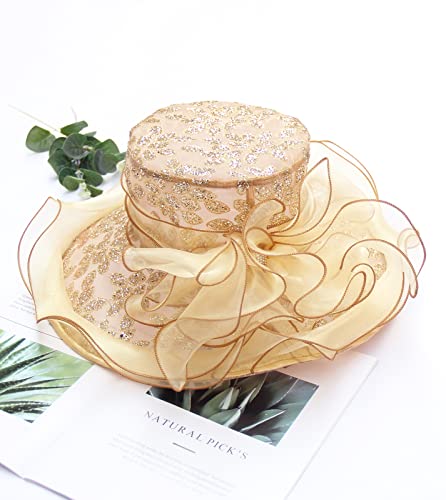 Women Derby Fascinator Hat Organza Church Wedding Hats Wide Brim Cocktail Tea Party Hat - color: 06 Gold