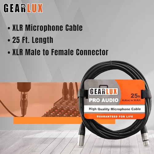 Gearlux XLR Microphone Cable, Fully Balanced, Male to Female, 25 Feet - 2 Pack - size: 25 Ft, style: 2 Pack