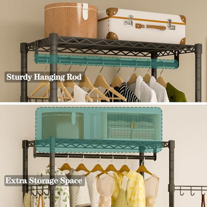 Heavy Duty Rolling Garment Rack, 3 Tiers Wire Shelves Adjustable Freestanding Portable Rolling Clothing Rack with Lockable Wheels, 35.4''L x 15.8''W x 78.8''H, Max Load 420LBS | Wire Adjustable Garment Rack for Hanging Clothes with 2 Hanger Rods, 35.4''L