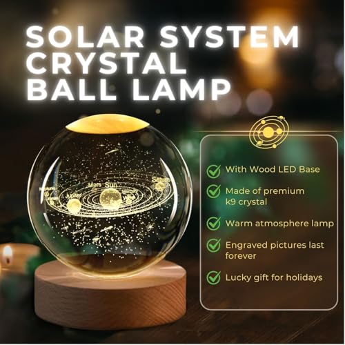 Flexzion 3D Solar System Crystal Ball Night Light - LED Light Hologram Glass Lamp with Solid Wood Base, USB Powered Crystal Ball Lamp w/Adjustable Brightness for Home Decor Display Gift,2.4inch(60mm) | Solar System Lamp with Solid Beech Wood Base and Adju