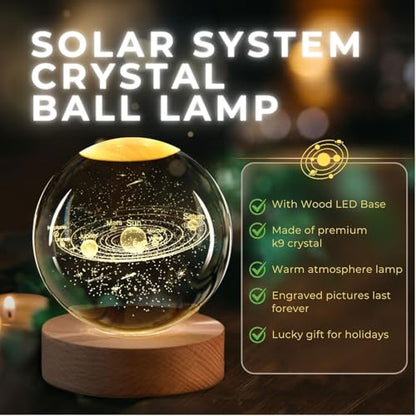 Flexzion 3D Solar System Crystal Ball Lamp, 3.15 inch, USB Night Light | Solar System Lamp with Solid Beech Wood Base and Adjustable Brightness for Bedrooms, Nightstands, Desks, Shelves Room Decor - size: 3.15 inch (80mm), style: Solar System