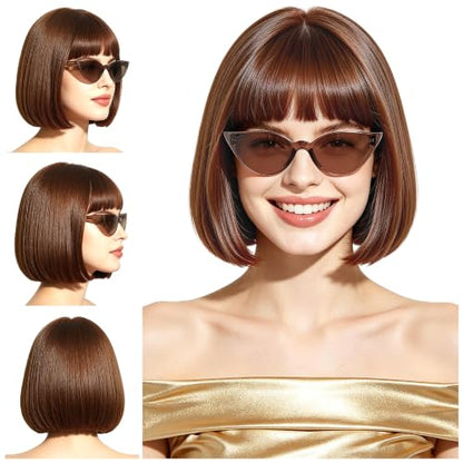 Short Bob Straight Hair Wigs with Bangs, Synthetic Fiber Colorful Hair, Cat Eye Glasses for Women (Brown) - color: Brown