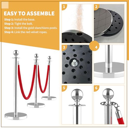 6Pcs Stanchions and Velvet Ropes, Silver Stanchions with Retractable Belts, Crowd Control Barriers with Hollow Base, Red Carpet Ropes and Posts for Event & Party Supplies