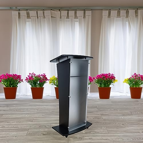 FixtureDisplays® 23.8x15x46.7" Acrylic Church Podium Pulpit Debate Conference Lectern Plexiglass Lucite Black Wood Shelf on Wheels 1803-5-BLACK-NEW-2D