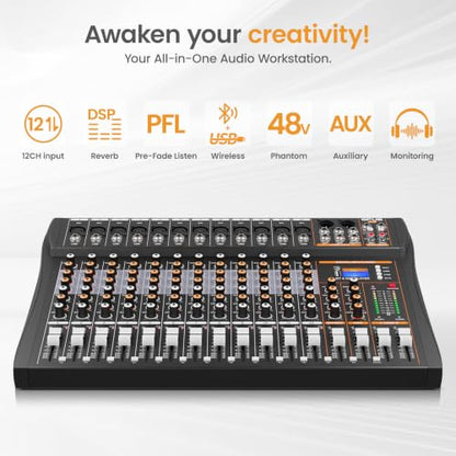 Audio Mixer Sound Board, Bluetooth Music Mixing Board (12 Channels) | 24 Bit Dsp Effects, Bluetooth 5.0 & USB Input, +48V Phantom Power, 3 Band EQ, PFL Monitor, Streaming, Podcast, Studio, Church - size: GP120