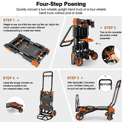 Folding Hand Truck Dolly, 330lb Convertible 4 to 2 Wheel Moving Cart,Orange | Dolly Cart with Retractable, Aluminum Alloy & Cast Iron Build, Nylon Wheels,Compact Fold,for Moving,Office,Delivery,Outdoor - size: 330LB Orange