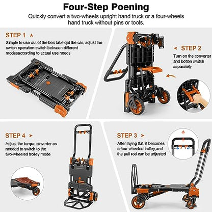 Folding Hand Truck Dolly, 330lb Convertible 4 to 2 Wheel Moving Cart,Orange | Dolly Cart with Retractable, Aluminum Alloy & Cast Iron Build, Nylon Wheels,Compact Fold,for Moving,Office,Delivery,Outdoor - size: 330LB Orange