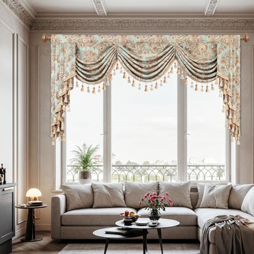 Leeva Royal European Waterfall Valance Curtains - Deluxe Sky Blue Swag with Rope Tassels, 79-Inch Wide Damask Jacquard Valances for Living Room, Rod Pocket Top - color: *Blue, size: 79"W x 45"L (Pack of 1)