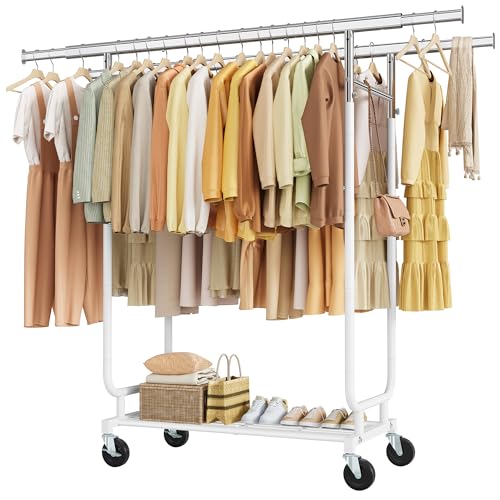Heavy Duty Rolling Clothes Rack, 620 LBS Load Double Rod Adjustable Garment Rack with Storage Shelf, Portable Clothing Rack for Hanging Clothes for Bedroom, Laundry Living Room, White, 15.7"W - color: White