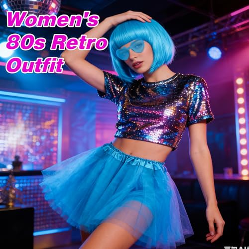 PLULON Light Blue Bob Wig Tutu Heart Sunglasses for Women Costume, Neon Bobs Party Wigs 80s Disco Tulle Skirt for Drag Queen Birthday Theme Bachelorette Party Music Festivals Ballet - color: Light Blue