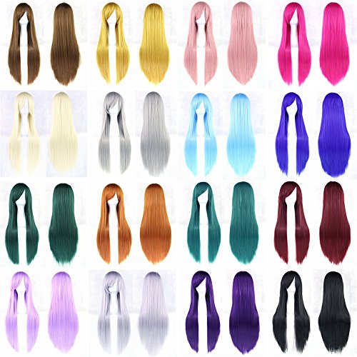 80cm Long Straight Natural Hair Cosplay Wigs with Bangs Colorful Halloween Costume Party Wig for Women (Pink) - color: Pink