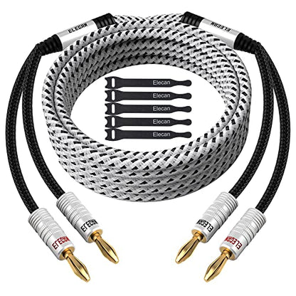 Elecan 14 AWG Speaker Cable Wire 4 Feet with Gold-Plated Banana Tip Plugs-CL2 Rated-in Wall-Heavy Duty Nylon Braided, Oxygen-Free Copper (OFC)-White-with 5 Cable Ties - size: 4FT