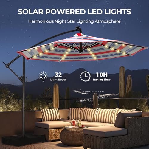 10 FT Solar LED Cantilever Patio Umbrella with Base, Stars and Stripes | Premium 220GSM Solution-Dyed Fabric, 5-Year Fade-Resistant, 30 MPH Windproof, 45° Infinite Tilt and Crank for Outdoor Pool - color: Stars and Stripes Style