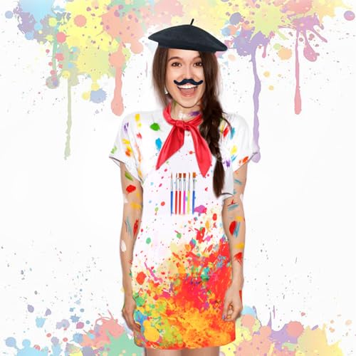 Kyson Artist Costume for Adult 8 Pcs Painter Halloween Dress Up with Beret Apron Palette Paint Brushes Earrings Bandana Beard - color: White Splatter Apron