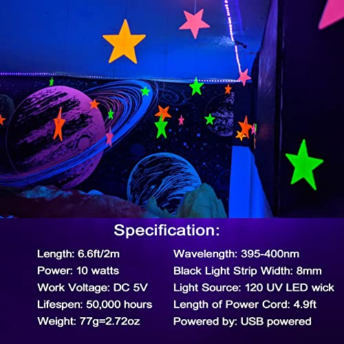 6.6FT/2M LED Black Light Strip - 120 Units LED UV Wick 395-400nm, USB DC 5V Flexible Blacklight Fixtures, 10W Blacklight Strip for Indoor Decor, Glow Poster, Bedroom, Playroom, Halloween, Dark Party