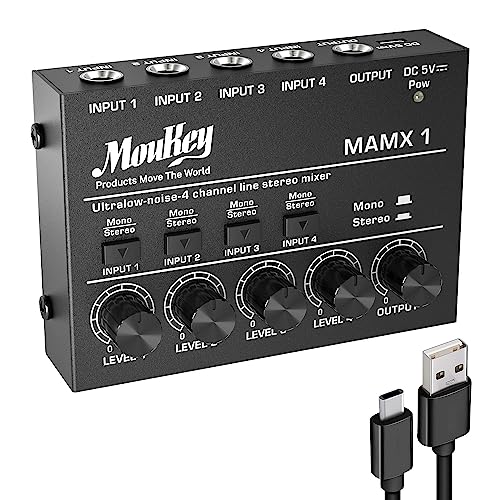 Moukey Mini Audio Mixer, DC 5V, 4 Stereo Ultra, Low Noise 4 Channel Line Mixer for Sub-Mixing, for Small Clubs or Bars, As Guitars, Bass, Keyboards Mixer, MAMX1 - size: Small(4-channel)