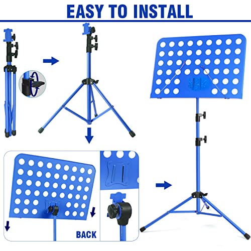 lotmusic Blue Music Stand, Portable Music Sheet Stand, Foldable and Height-Adjustable Music Stand with Bag, Sheet Music Clip, Light, Suitable for Playing Musical Instruments and Traveling Out - color: Blue Music stand