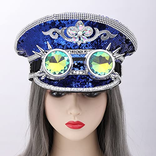 GRACEART Women's Burning Man Sequin Hat Mucis Festival Military Captain Hats Steampunk Caps with Goggles - style: Style-05(with Goggle)