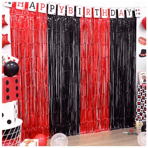 LOLStar Casino Party Decorations, 3 Pack Red and Black Birthday Party Supplies 3.3 x 6.6ft Tinsel Foil Fringe Curtains Photo Booth Props Backdrop Streamers, Decor for Vegas Poker Party