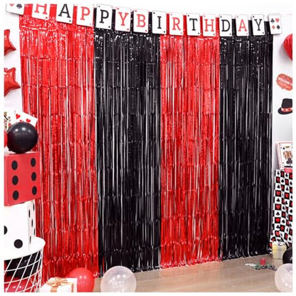 LOLStar Casino Party Decorations, 3 Pack Red and Black Birthday Party Supplies 3.3 x 6.6ft Tinsel Foil Fringe Curtains Photo Booth Props Backdrop Streamers, Decor for Vegas Poker Party