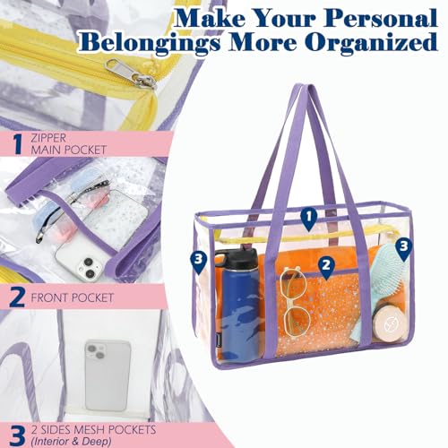 Fammart Clear Beach Bag for Women, Large Pool Tote Cruise Vacation Essentials - Zipper Closure, Waterproof, Sandproof - color: Purple