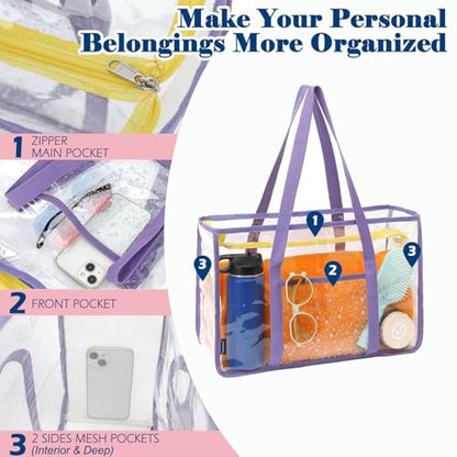 Fammart Clear Beach Bag for Women, Large Pool Tote Cruise Vacation Essentials - Zipper Closure, Waterproof, Sandproof - color: Purple
