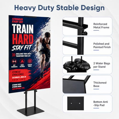 2 Pack Poster Stands for Display, Double Sided Sign Holder with Water Bags | 83 in max height; fits boards 11.8-75 in adjustable high, max 40 in wide and max 0.31 in thick; 4 fillable water bags