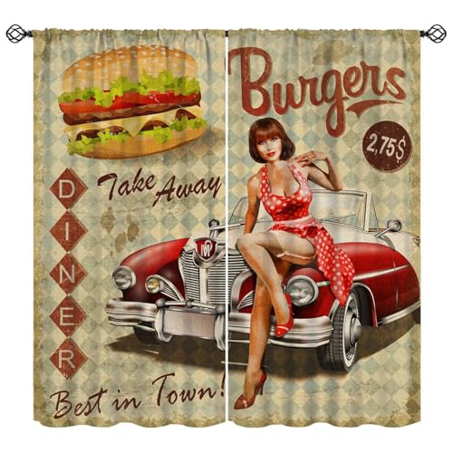 50s American Diner Curtains Rustic Vintage Red Cars Hamburg Floral Skirt Girl Blackout Window Treatment for Men Teens Bedroom Playroom Home Decor Window Drapes 42" W X 45" L - color: Style-8, size: 20.5"W x 44.5"L (Pack of 2)