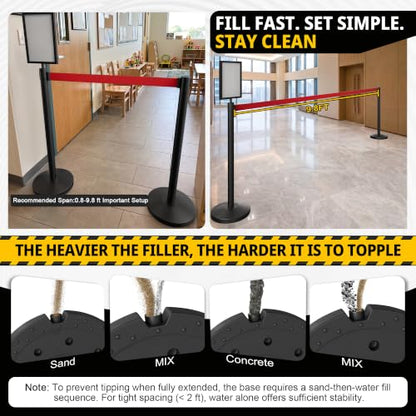 8-Pack Black Stainless Steel Crowd Control Stanchions, 9.8 ft Retractable Red Safety Belts with 2 Sign Holders(Red Belt) - color: Black stanchions w Red Belt, size: 8 pcs